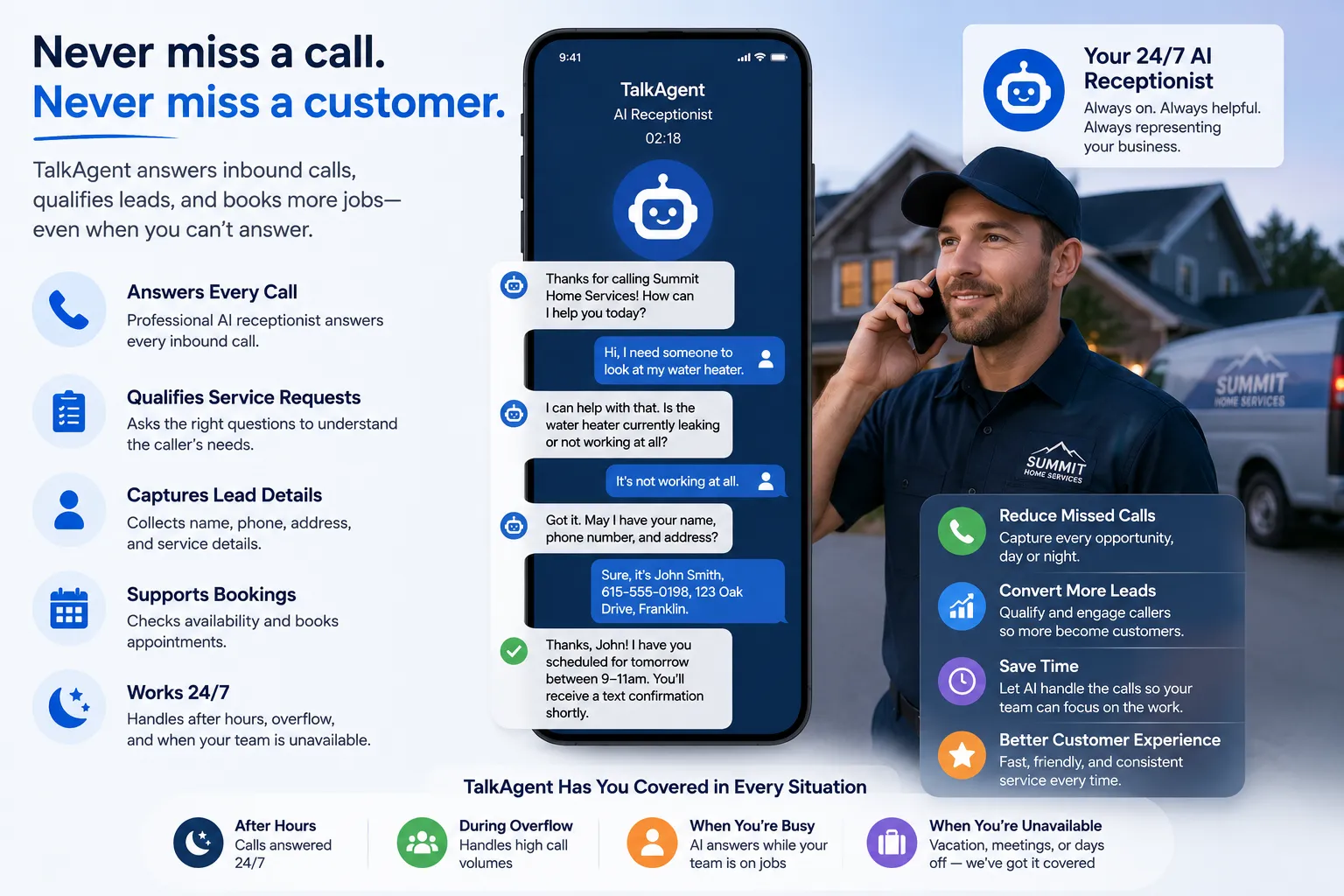 AI voice agent answering calls for home service businesses