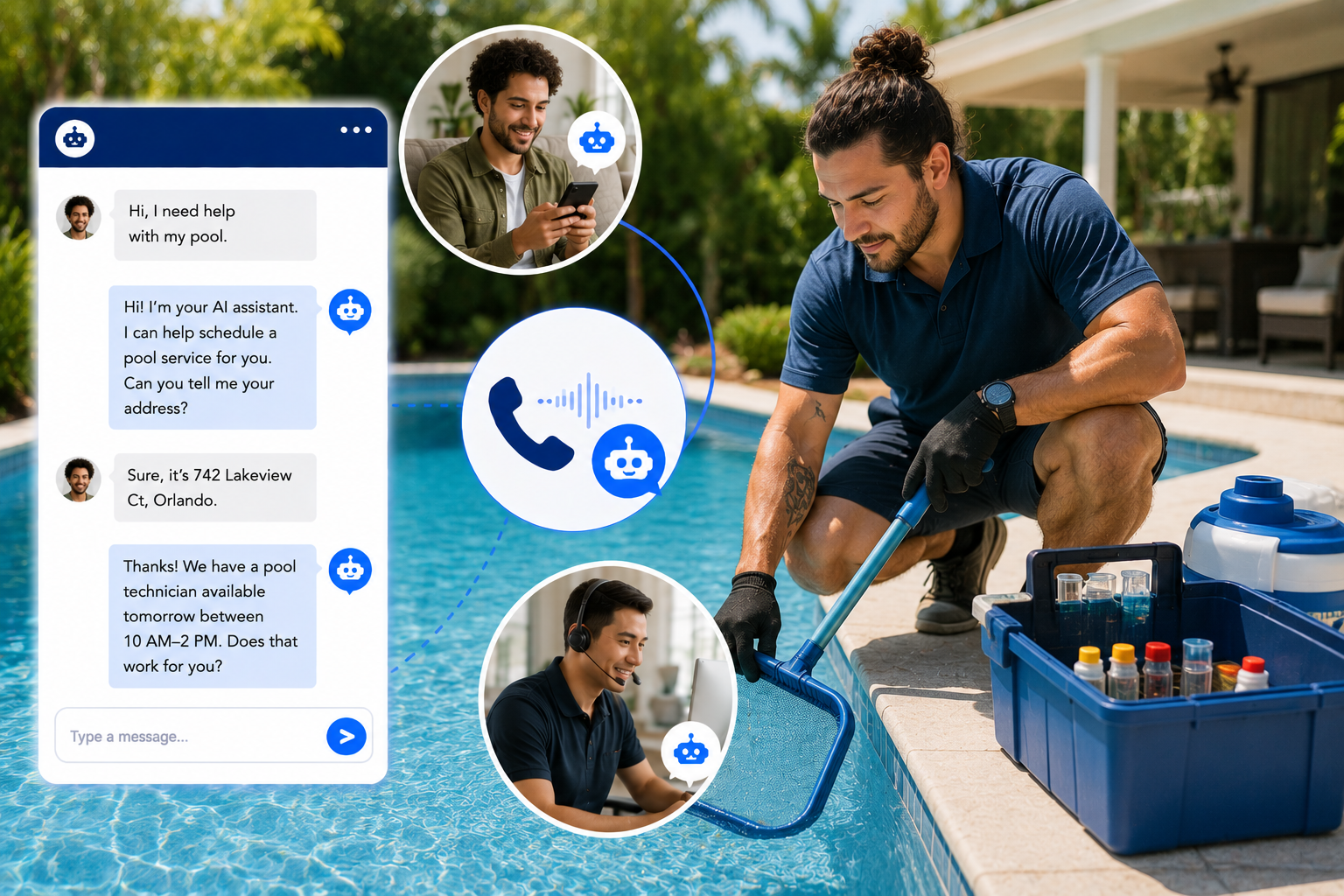 Pool service company supported by AI call answering automation